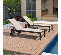 PURPLE LEAF Bain De Soleil Aluminium Lot de 2 avec Table, Transats Jardin Extérieur Ajustables et Empilables, Assise Textilène, Transat Piscine avec 2 roulettes, Beige