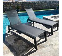 PURPLE LEAF Bains de Soleil Aluminium Lot de 2 avec Table, Transats Jardin Extérieur 5 Positions Réglables, Chaises Longues Empilables avec roulettes, Transats Piscine Textilène Respirant, Gris