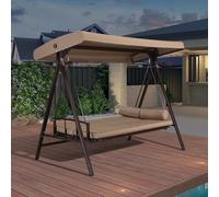 PURPLE LEAF Balancelle de Jardin 3 Places Convertible en Lit Acier Kaki | Montage facile et rapide, Capacité de charge jusqu’à 350 kg, Confort optimal en position allongée, Inclus 5 coussins, Durable