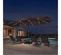 PURPLE LEAF Grand Parasol de Jardin Extérieur 4,55 x 2,7 x 2,4 m avec Pied et LED Solaire, Parasol Rectangulaire Double à Manivelle en Aluminium avec 12 Baleines pour Balcon, Terrasse, Cafés, Gris