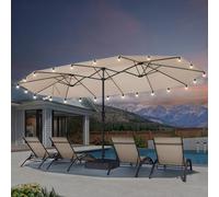 PURPLE LEAF Grand Parasol de Jardin Extérieur avec Pied et Guirlande Lumineuse 4,55 x 2,7 x 2,4 m, Parasol Rectangulaire Double Face à Manivelle Résistant au Vent pour Balcon, Terrasse, Jardin, Beige