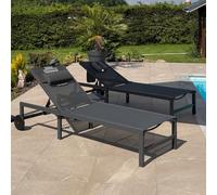 PURPLE LEAF Lot de 2 Bains de Soleil 2 en 1 avec Trou Facial pour Bronzage, Transat Jardin Extérieur Aluminium Antirouille et Textilène, Transat Piscine 5 Positions, Têtière, roulettes et Table, Gris