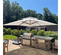 PURPLE LEAF Parasol De Jardin Extérieur, Parasol Déporté 3,65 x 3,65 m, Grain de Bois en Aluminium, Protection UV Automne, Toit à Double Rotatif 360°, Convient aux Villas Haut de Gamme, Crème