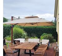 PURPLE LEAF Parasol De Jardin Extérieur, Parasol Déporté Inclinable 3,3 x 3,3 m, Grain de Bois en Aluminium, Toit à Double Rotatif 360°, Protection UV Automne, Convient aux Villas Haut de Gamme, Beige