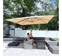 PURPLE LEAF Parasol de Jardin Exterieur Télescopique 350 × 350 cm, Parasol Déporté à Levage Haut-bas, Rotation à 360 Degrés, 5 Réglages D'inclinaison, Protection UPF 50+ pour Balcons, Terrasses, Beige