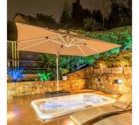 PURPLE LEAF Parasol Déporté 3 x 3 m Beige avec LED et Pied Rotatif 360° | Toile démontable, Lavable et à séchage rapide, Mât et baleines en aluminium, Antirouille et résistants aux rayures, Piscine