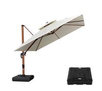 PURPLE LEAF Parasol Déporté 3 x 3 m Carré avec pieds, Aspect du Teck en Aluminium, Parasol de Jardin Extérieur à Toit Double Rotatif 360°, Pour Terrasses, Piscines, Restaurants, Crème