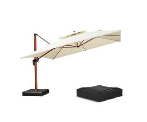 PURPLE LEAF Parasol Déporté Luxe 3,65 x 3,65 m avec Pied, Aluminium, Beige | Couvrant une surface d'environ 13,3 m², Aluminium aspect bois, Il convientientient aux villas, aux restaurants haut de gamme
