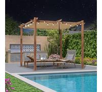 PURPLE LEAF Pergola Aluminium avec Guirlandes Lumineuses Exterieure Solaire Pergola Jardin Extérieur 3 x 3 m, Tonnelle Finition Teck, Toile Coulissante Rétractable, Kaki