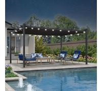 PURPLE LEAF Pergola avec Guirlande Lumineuse Exterieure Pergola Jardin Exterieur 4,8 x 3,5 m Tissu Teint en Fil, Pergolas Aluminium Toit Rétractable, Gris