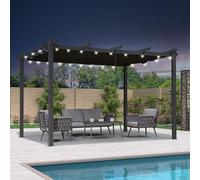 PURPLE LEAF Pergola avec Guirlande Lumineuse Exterieure Pergola Jardin Exterieur 4 x 3,2 m Tissu Teint en Fil, Pergolas Aluminium Toit Rétractable, Gris