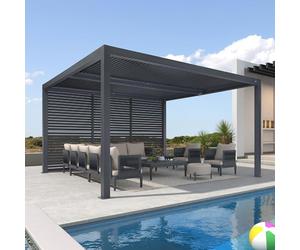 PURPLE LEAF Pergola Bioclimatique 4,24 x 3,68 m Pergola Aluminium avec Persienne Fixes sur Un Côté, Tonnelle de Jardin Exterieur Lames Orientables pour Patio Terrasse Exterieur, 1 Côté Long, Gris