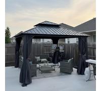 PURPLE LEAF Tonnelle de Jardin Exterieur 3,65 x 3,65 m, Pavillon Aluminium à Double Toit Rigide en Acier Galvanisé, Pergola de Jardin avec Rideaux et Moustiquaire pour Fête, Atelier, Barbecue, Gris