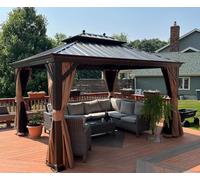 PURPLE LEAF Tonnelle de Jardin Exterieur 3,65 x 3 m Tonnelle Aluminium avec Guirlande Lumineuse Exterieure et Rideaux Moustiquaires Pavillon de Jardin à Double Toit Acier Galvanisé, Bronze