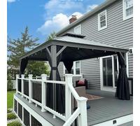 PURPLE LEAF Tonnelle de Jardin Extérieur 3,65 x 4,25 m avec Guirlande Lumineuse Solaire, Pergola à Double Toit en Aluminium Permanent Robuste avec Rideaux et Moustiquaire, Gris Clair