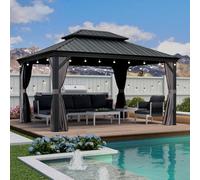 PURPLE LEAF Tonnelle de Jardin Exterieur 4,25 x 3,25 m Tonnelle Aluminium avec Guirlande Lumineuse Exterieure et Rideaux Moustiquaires Pavillon de Jardin à Double Toit Acier Galvanisé, Gris