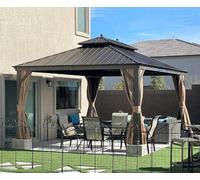 PURPLE LEAF Tonnelle de Jardin Exterieur 4,25 x 3 m Tonnelle Aluminium avec Guirlande Lumineuse Exterieure et Rideaux Moustiquaires Pavillon de Jardin à Double Toit Acier Galvanisé, Bronze