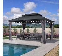 PURPLE LEAF Tonnelle de Jardin Exterieur 4,25 x 3 m Tonnelle Jardin avec Guirlande Lumineuse Exterieure Pergola Aluminium avec Moustiquaire et Rideaux Tonnelles à Double Toit Acier Galvanisé, Gris