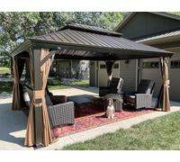 PURPLE LEAF Tonnelle de Jardin Exterieur 4,85 x 3,65 m Tonnelle Aluminium avec Guirlande Lumineuse Exterieure et Rideaux Moustiquaires Pavillon de Jardin à Double Toit Acier Galvanisé, Bronze