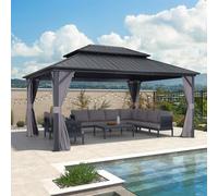 PURPLE LEAF Tonnelle de Jardin Exterieur 4,85 x 3,65 m Tonnelle Jardin avec Moustiquaire et Rideaux Pergola Aluminium à Double Toit Acier Galvanisé Tonnelles de Camping Imperméable pour Terrasse, Gris