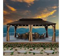 PURPLE LEAF Tonnelle de Jardin Exterieur 6 x 3,65 m Tonnelle Aluminium avec Guirlande Lumineuse Exterieure et Rideaux Moustiquaires Pavillon de Jardin à Double Toit Acier Galvanisé, Bronze