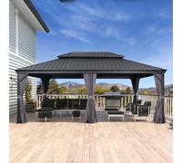 PURPLE LEAF Tonnelle de Jardin Exterieur 6 x 4,25 m Pergola Aluminium avec Moustiquaire et Rideaux Pavillon de Jardin à Double Toit Acier Galvanisé, Gris