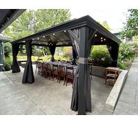 PURPLE LEAF Tonnelle de Jardin Exterieur 6 x 4,25 m Tonnelle Aluminium avec Guirlande Lumineuse Exterieure et Rideaux Moustiquaires Pavillon de Jardin à Double Toit Acier Galvanisé, Gris