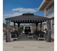 PURPLE LEAF Tonnelle de Jardin Exterieur 7,32 x 3,65 m Tonnelle Aluminium avec Guirlande Lumineuse Exterieure et Rideaux Moustiquaires Pavillon de Jardin à Double Toit Acier Galvanisé, Gris