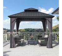 PURPLE LEAF Tonnelle de Jardin Exterieur Aluminium 3 x 3 m, Pergola Jardin Exterieur à Double Toit Rigide en Acier Galvanisé, Pavillon avec Rideaux et Moustiquaire pour Terrasse, Barbecue, Gris