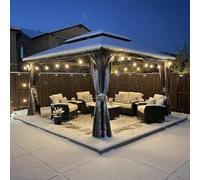 PURPLE LEAF Tonnelle de Jardin Exterieur avec Guirlande Lumineuse 4,25 x 3,65 m, Pergola Aluminium à Double Toit en Acier Galvanisé, Tente de Réception avec Rideaux pour Fête, Stockage, Gris