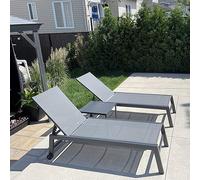 PURPLE LEAF Transat Jardin Exterieur Lot De 2 avec Table Textilène, Transat Luxe Jardin Aluminium Pliable 2 roulettes, Bain De Soleil, Gris