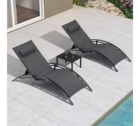 PURPLE LEAF XXL Lot de 2 Bain de Soleil Aluminium avec Table, Transat Jardin Extérieur 5 Positions de Réglage, Coussin Amovible, Transat Piscine pour Terrasse, Pelouse, Jardin, Gris