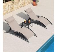 PURPLE LEAF XXL Lot de 2 Transat Jardin Extérieur Aluminium avec Table, Bain de Soleil 5 Positions Ajustables, Empilables, Coussin Amovible, Chaises Longues pour Terrasse, Jardin, Piscine, Beige