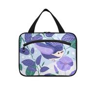 Purple Morning Glory Flowers Birds Cartoon Style Hanging Makeup Travel Bag with Hook, Designer Waterproof Bag with Compartments for Travel Accessories for Women Travel Bolso para maquillaje L