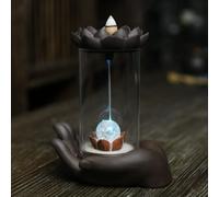 Purple Sand Smoke Waterfall Backflow Incense Burner Creative Windshield Buddha Hand Lotus LED Lamp Aroma Censer Holder for Home Yoga Room Decoration (LED)