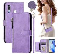 (Purple)Suitable for Samsung Galaxy A40 Flip Cover Soft PU Leather Zipper Wallet-Style Protective Case Featuring Card Slots and Long Back Strap