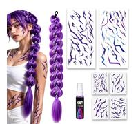 Purple Tatouage Ephemere, Flash Tattoo, Perruque Violette 60cm | 6PCS Tatoo Ephemere, Spray Colorant Cheveux Violet, Convient pour les Jeux de Rôle, les Fêtes et les Costumes D'Halloween
