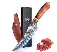 PURPLEBIRD Couteau de cuisine forgé à la main avec étui en cuir, Couteau à désosser tranchant avec manche en bois Couteau d'extérieur, Couteau de cuisine en acier au carbone