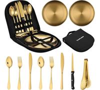 PURPLEBIRD Service de Vaisselle de Camping 2 Personnes, Set de Couverts en Acier Inoxydable avec Assiettes, Couteau à Steak, Pince et Étui de Rangement, Kit Portable pour Camping