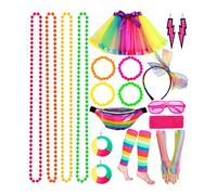 Purpledi 21PCS Déguisement Année 80 Accessoire Femme, 80s Disco Costume Vetement Fête, Jambières, Tutu Fluo, Sac Banane Néon