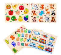 Purpledi 5 pcs Puzzles en Bois pour Enfants, Jouet Éducatif d'éveil Montessori pour Bébés, Alphabet Nombre Forme Véhicules Fruit Animal Jeuets Educatifs Apprentissage pour Bébés 1 2 3 Ans