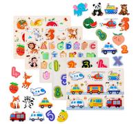 Purpledi 5 pcs Puzzles en Bois pour Enfants, Jouet Éducatif d'éveil Montessori pour Bébés, Alphabet Nombre Forme Véhicules Fruit Animal Jeuets Educatifs Apprentissage pour Bébés 1 2 3 Ans (A)