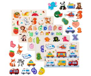 Purpledi 5 pcs Puzzles en Bois pour Enfants, Jouet Éducatif d'éveil Montessori pour Bébés, Alphabet Nombre Forme Véhicules Fruit Animal Jeuets Educatifs Apprentissage pour Bébés 1 2 3 Ans (A)
