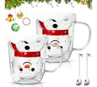 Purpledi Lot de 2 Tasse de Noël, 300ml Tasse à Café Double Paroi, Tasse Verre Noel en Forme de Bonhomme de Neige, Mug Noel pour Latté, Americano, Cappuccino, Lait, Sachet de Thé