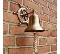 Purpledip Brass Nautical Bell with Captain's Wheel Hook: Unique Pirate Ship Marine Decor Gift (11402)