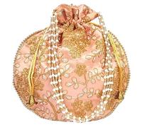 Purpledip Potli Sac à main pour femme avec cordon de serrage et broderie à paillettes Doré, Vignes argentées, Large, (12602B)