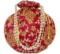 Purpledip Sac Potli en soie (pochette, sac à main avec cordon) : sacoche complexe de broderie en fil doré pour femme, marron (12602H), Vignes bordeaux, Large