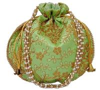 Purpledip Silk Potli 12602F Sac à main avec cordon de serrage pour femme avec broderie en fil doré et vert clair, Vignes vertes, Large