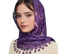 PURPLELILY Mass Mantilla Voile pour femme Châle en dentelle catholique Couvre-chef Pompons Tulle Fleur Foulard pour usage quotidien Voile Mantilla en dentelle, violet, Taille unique