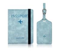 PURPLELILY Porte-étiquette de bagage en cuir PU et housse de passeport, étui de voyage pour carte de crédit, bagage et housse de voyage, bleu clair